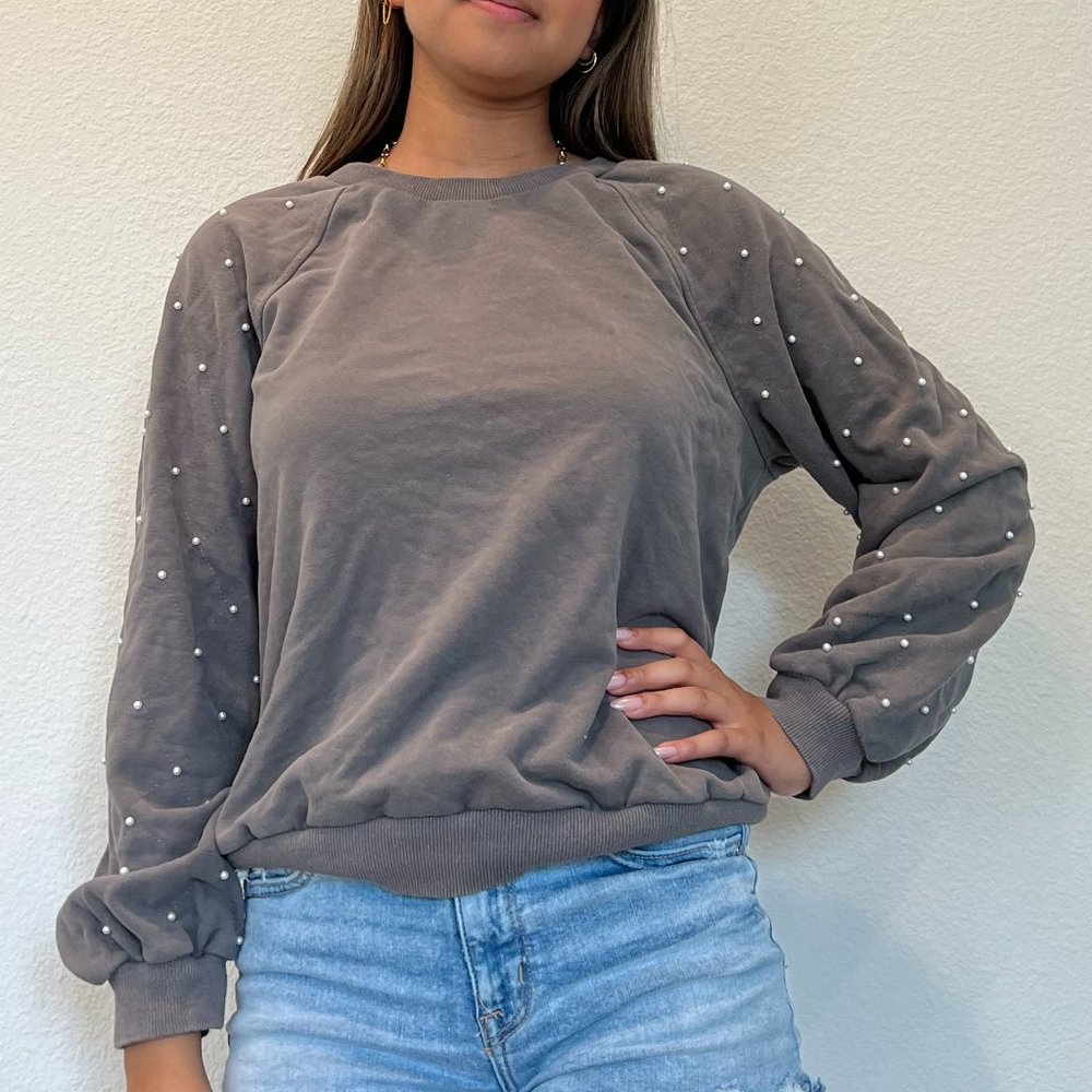 Grey Crewneck Sweater with Pearls, Size Medium